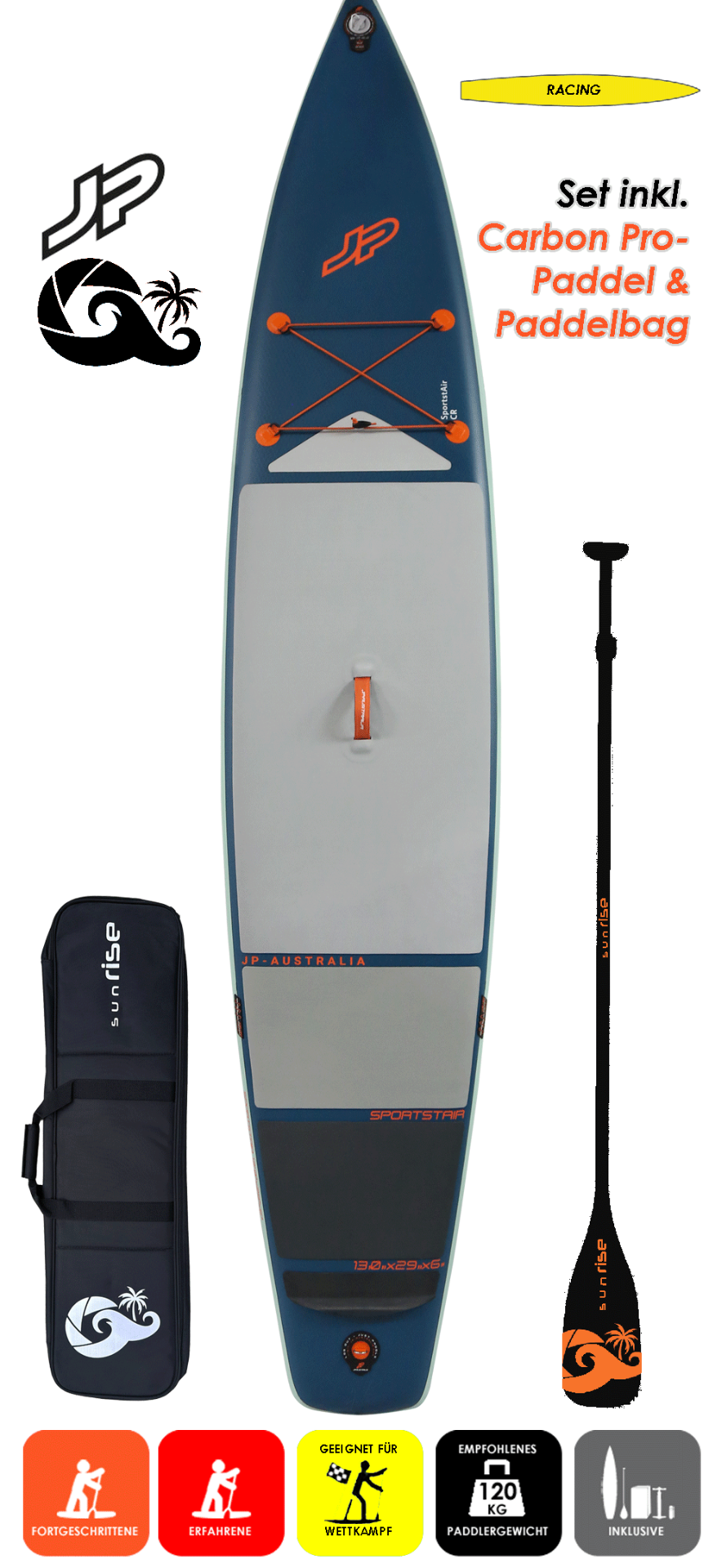 JP AUSTRALIA Sports Air 13.0x29 CR mit Carbon Pro 84 Paddel & Paddelbag