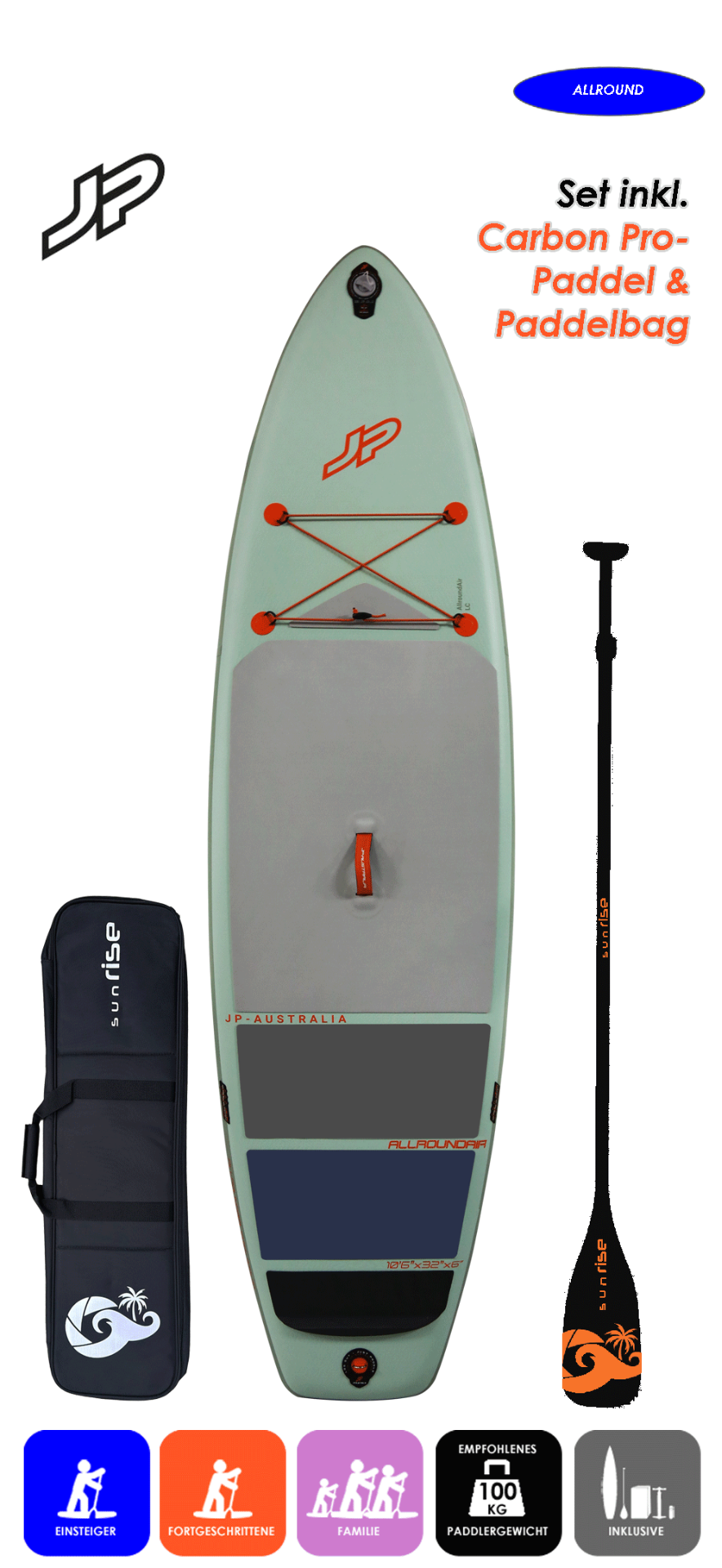 JP AUSTRALIA 10.6x32 LC mit Lima Carbon Pro 84 Paddel und Paddelbag
