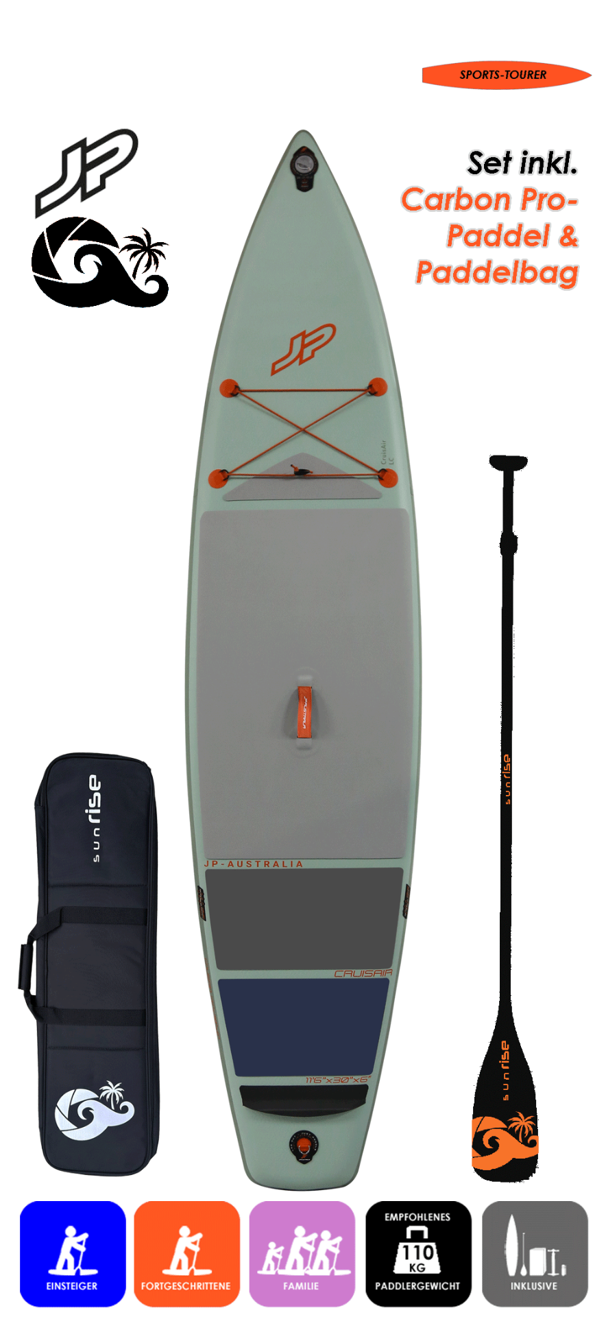 JP AUSTRALIA CruisAir 11.6x30 LC mit Lima Carbon Pro 84 Paddel und Paddelbag