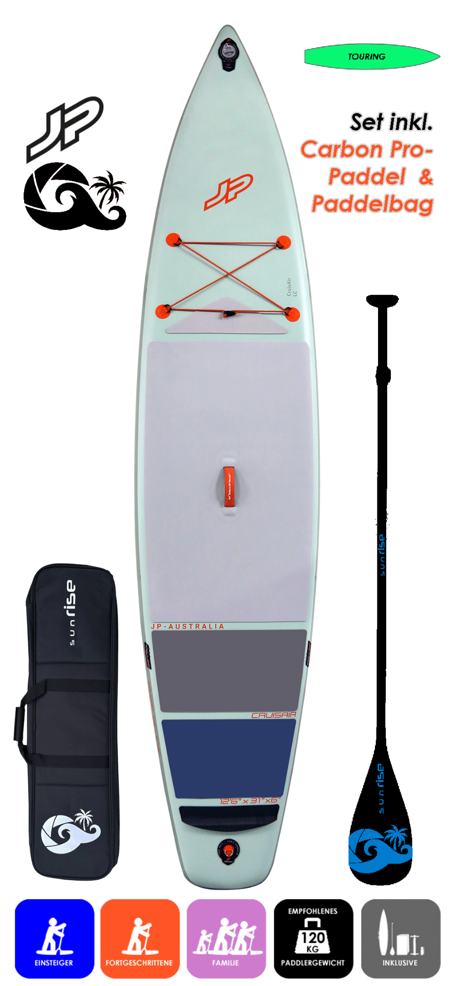 JP AUSTRALIA Cruis Air 12.6x31 LC mit Enduro Carbon Pro 94 Paddel & Paddelbag