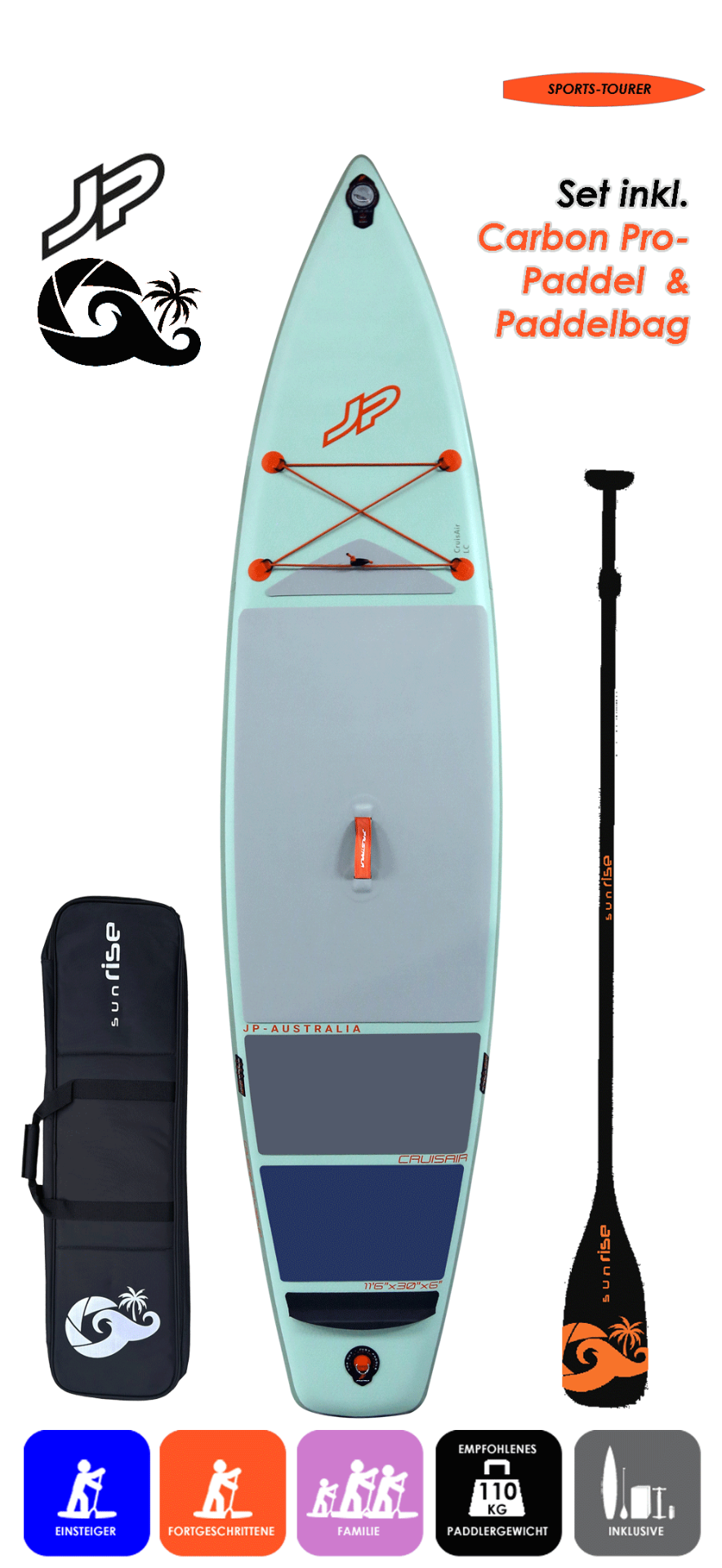JP AUSTRALIA Cruis Air 11.6x30 LC mit Lima Carbon Pro Paddel & Paddelbag
