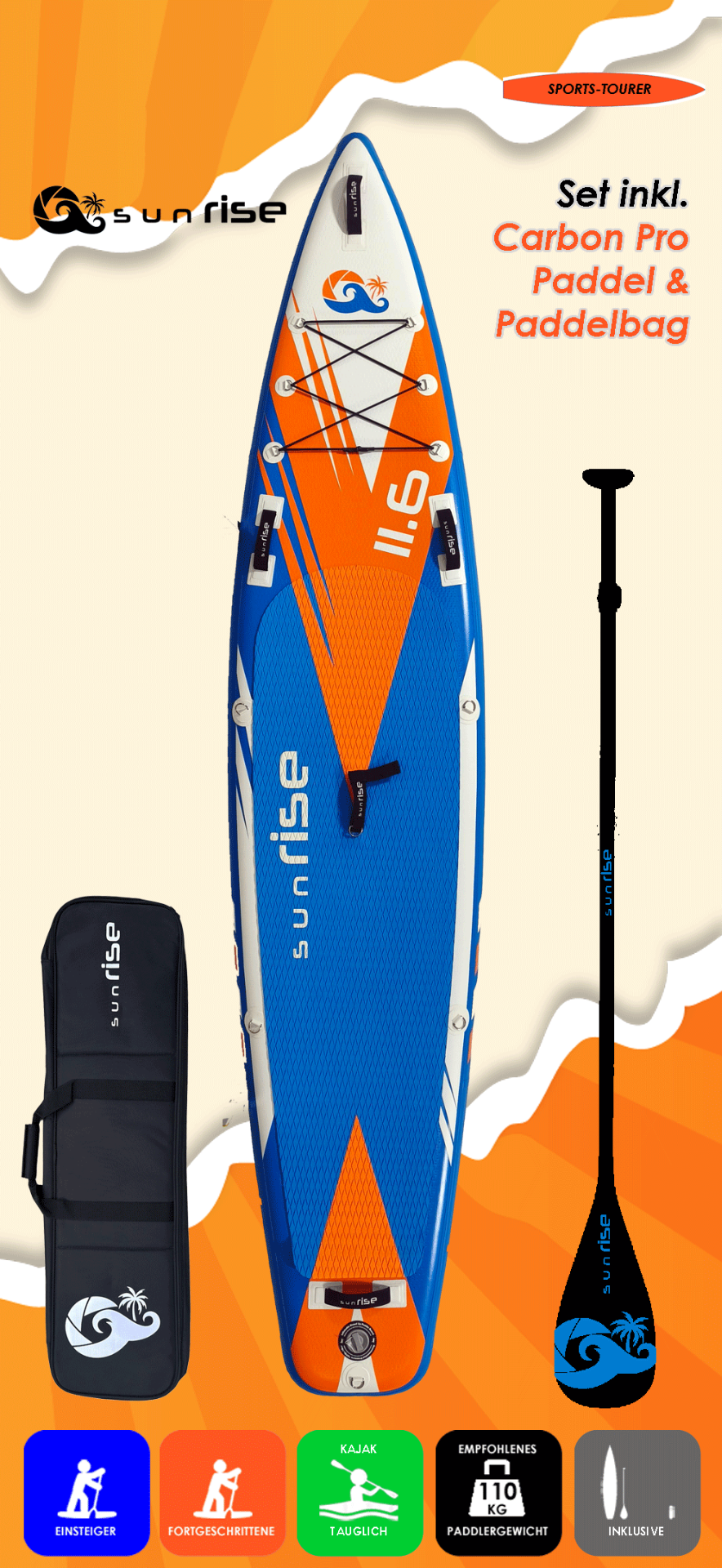 Hot Deal: sunRISE 11.6x29 mit Enduro Carbon Pro 94 Paddel und Premium Paddelbag